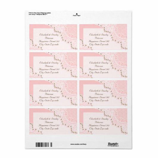 Elegant wit kant met parels roze bruiloft label (Full Sheet)