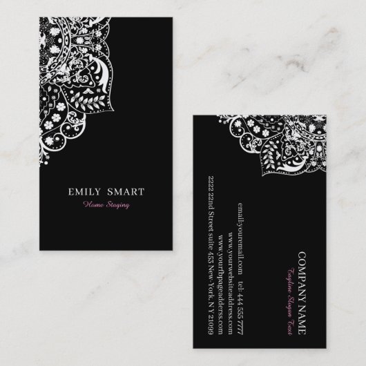 Elegant wit  kant op zwart visitekaartje (Voorkant / Achterkant)