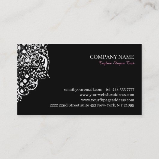 Elegant wit  kant op zwart visitekaartje (Achterkant)