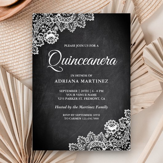 Elegant Wit Kant Rustiek Chalkboard Quinceanera Kaart