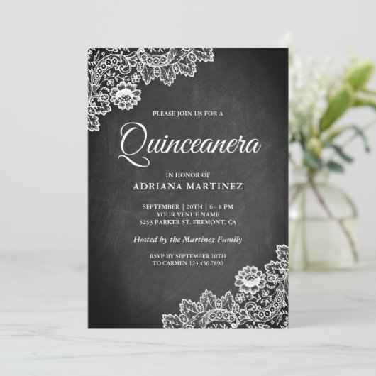 Elegant Wit Kant Rustiek Chalkboard Quinceanera Kaart (Staand voorkant)