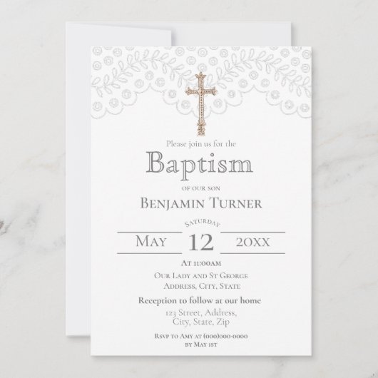 Elegant wit kant | Uitnodiging voor de doop (Voorkant)