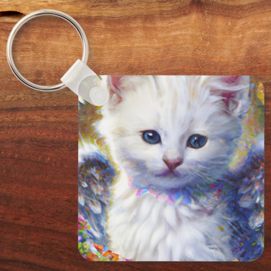 Elegant Wit Kat met Wings Sleutelhanger (Voorkant)