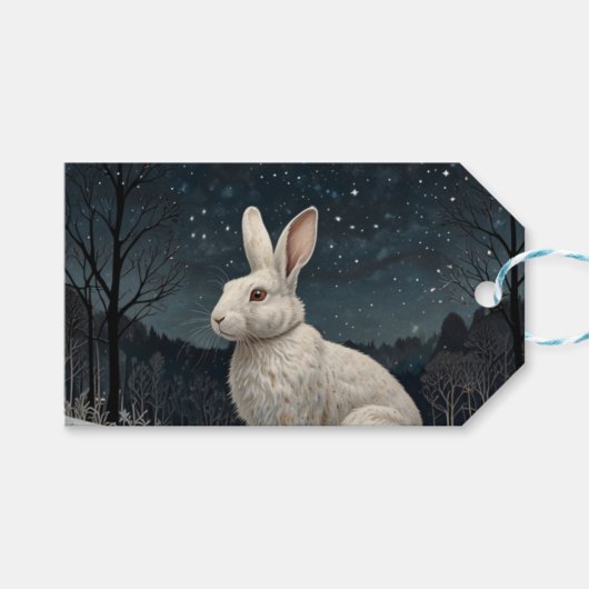 Elegant wit konijn Kerstmis besneeuwd bos Cadeaulabel (Voorkant (Horizontaal))