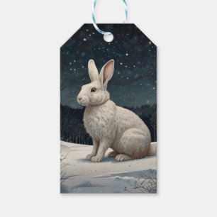 Elegant wit konijn Kerstmis besneeuwd bos Cadeaulabel