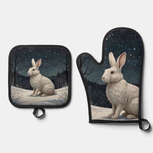 Elegant wit konijn Kerstmis besneeuwd bos Ovenwant & Pannenlap Set (Voorkant)