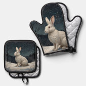 Elegant wit konijn Kerstmis besneeuwd bos Ovenwant & Pannenlap Set (Voorkant / Achterkant)