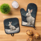 Elegant wit konijn Kerstmis besneeuwd bos Ovenwant & Pannenlap Set (Top down)