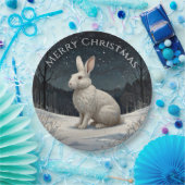 Elegant wit konijn Kerstmis besneeuwd bos Papieren Bordje (Feest)