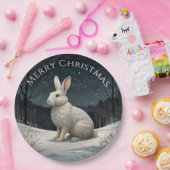Elegant wit konijn Kerstmis besneeuwd bos Papieren Bordje (Feest)