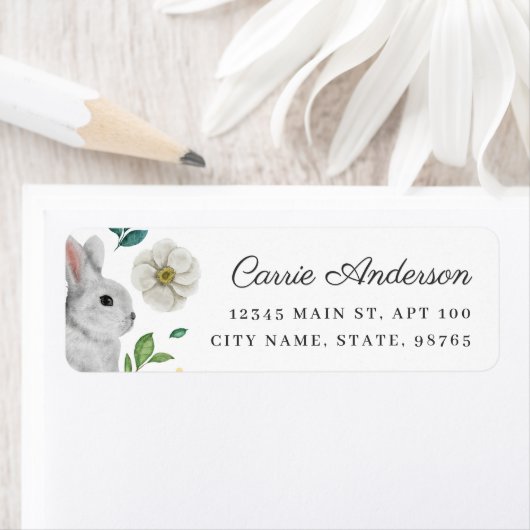Elegant Wit Konijn & Roos Spring Adres Etiket (Insitu)