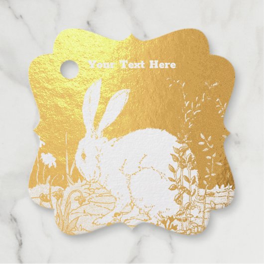 Elegant wit konijn zittend in bloemen goud bedankjes labels (Voorkant)