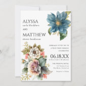 Elegant wit koraal blauw roze munt bloemenbruiloft kaart (Voorkant)