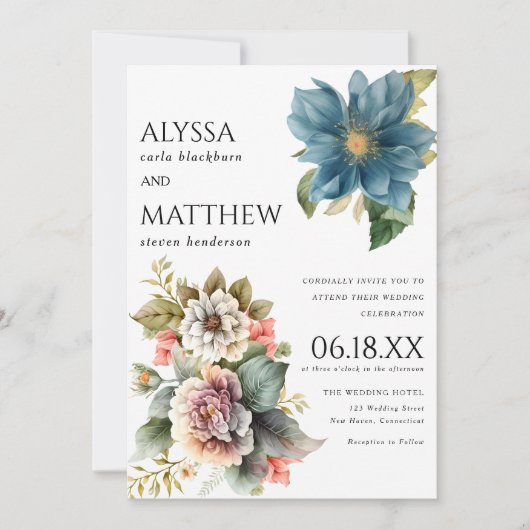 Elegant wit koraal blauw roze munt bloemenbruiloft kaart (Voorkant)