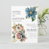 Elegant wit koraal blauw roze munt bloemenbruiloft kaart (Staand voorkant)