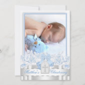 Elegant Wit Kruis Baby Blauw Foto Doop Kaart (Voorkant)