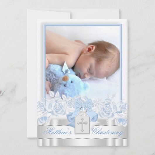 Elegant Wit Kruis Baby Blauw Foto Doop Kaart (Voorkant)