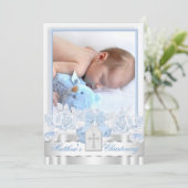 Elegant Wit Kruis Baby Blauw Foto Doop Kaart (Staand voorkant)