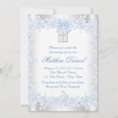 Elegant Wit Kruis Baby Blauw Foto Doop Kaart (Achterkant)