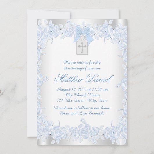 Elegant Wit Kruis Baby Blauw Foto Doop Kaart (Achterkant)