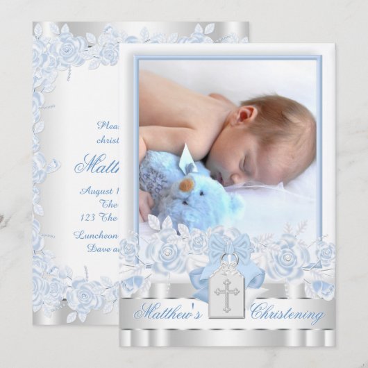 Elegant Wit Kruis Baby Blauw Foto Doop Kaart (Voorkant / Achterkant)