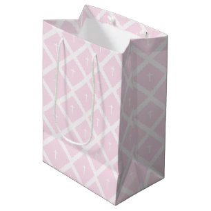 Elegant wit kruis op roze patroon doop medium cadeauzakje