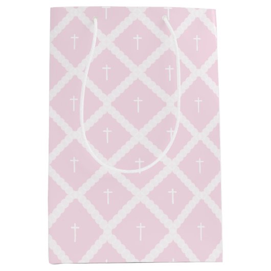 Elegant wit kruis op roze patroon doop medium cadeauzakje (Voorkant)