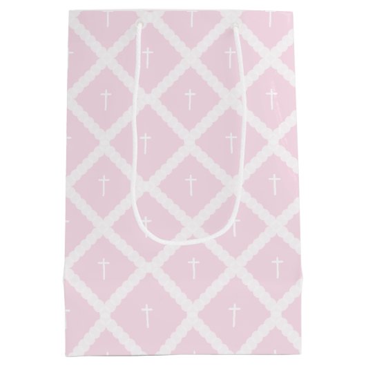 Elegant wit kruis op roze patroon doop medium cadeauzakje (Achterkant)