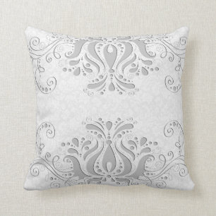 Elegant Wit & Lichtgrijs Damasks & Lace Kussen