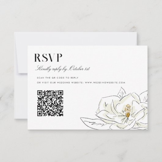 Elegant Wit Magnolia Bruiloft QR Code RSVP (Voorkant)