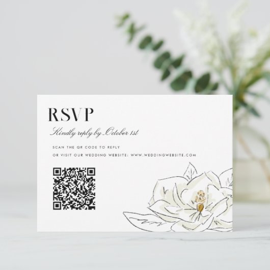 Elegant Wit Magnolia Bruiloft QR Code RSVP (Staand voorkant)