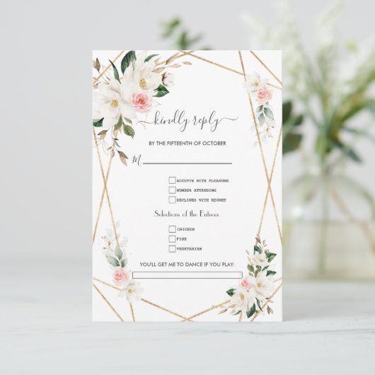 Elegant Wit Magnolia Goud Song Aanvraag Bruiloft RSVP Kaartje (Staand voorkant)