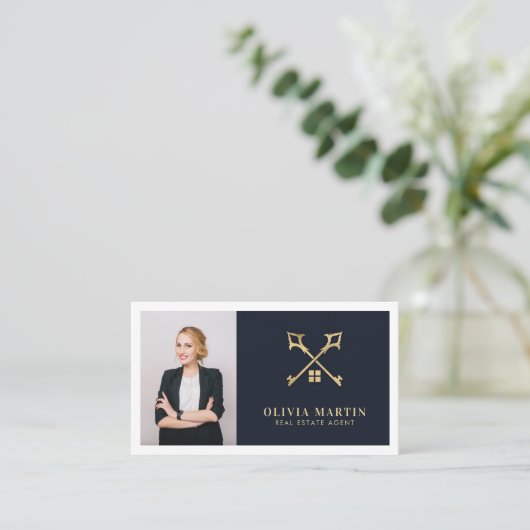 Elegant wit & marine professioneel onroerend goed visitekaartje (Staand voorkant)