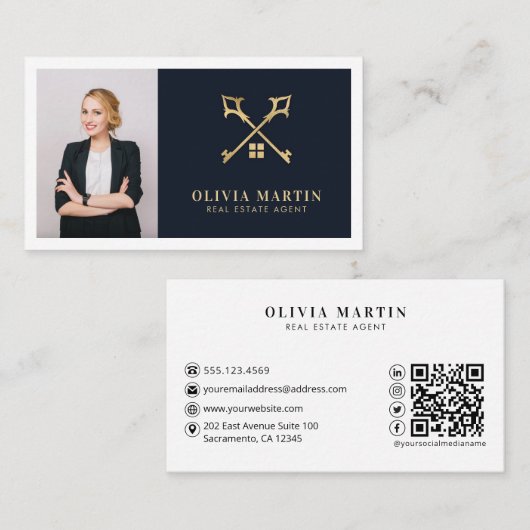 Elegant wit & marine professioneel onroerend goed visitekaartje (Voorkant / Achterkant)