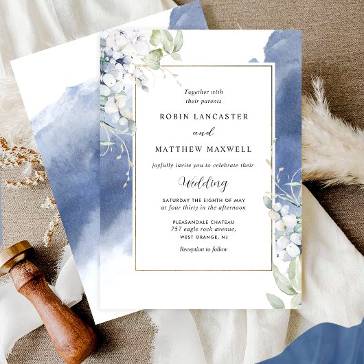 Elegant wit, marineblauw bloemenbruiloft Waterverf Kaart