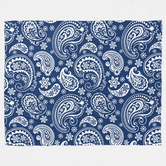 Elegant wit & marineblauw  Paisley Patroon Fleece Deken (Voorkant (Horizontaal))