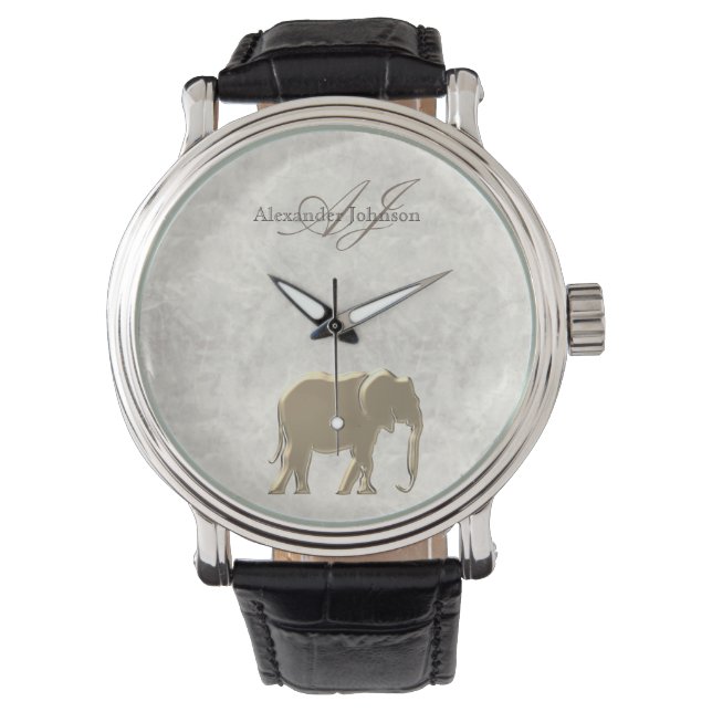 Elegant wit marmer en gouden olifant monogram horloge (Voorkant)