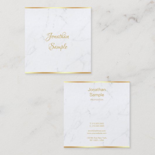 Elegant Wit Marmer Goud Modern Script Sjabloon Vierkante Visitekaartje (Voorkant / Achterkant)