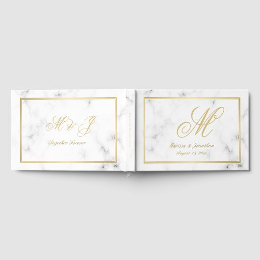 Elegant Wit Marmer Goud Monogram Script Bruiloft Gastenboek (Volledig)