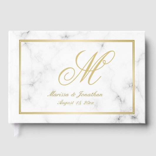 Elegant Wit Marmer Goud Monogram Script Trouwkaart Gastenboek (Voorkant)