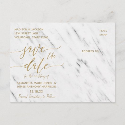 Elegant Wit Marmer & Gouden Bruiloft Save the Date Aankondigingskaart (Achterkant)