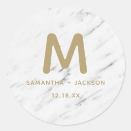 Elegant Wit Marmer & Gouden Folie Monogram Bruilof Ronde Sticker