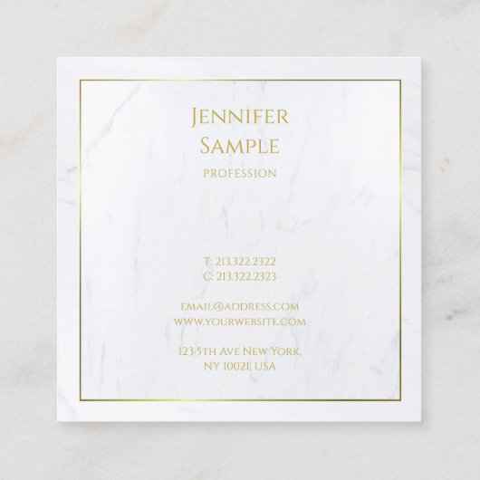 Elegant Wit Marmer Gouden Tekst Modern Luxe Vierkante Visitekaartje (Achterkant)