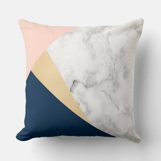 elegant wit marmer goudperzik blauw kleurenblok kussen (Voorkant)