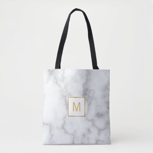 Elegant wit marmer look faux goud monogram tote bag (Voorkant)