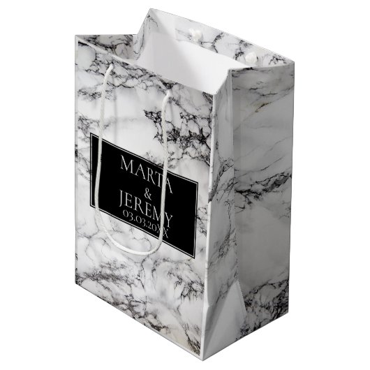 Elegant wit marmer met zwart medium cadeauzakje (Voorkant Gekanteld)