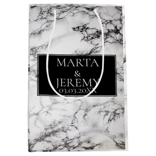 Elegant wit marmer met zwart medium cadeauzakje (Voorkant)