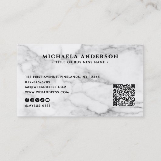 Elegant wit marmer QR-code & socials Visitekaartje (Achterkant)