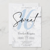 Elegant wit marmer script blauw foto Sweet 16 Kaart (Voorkant)