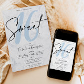Elegant wit marmer script blauw foto Sweet 16 Kaart